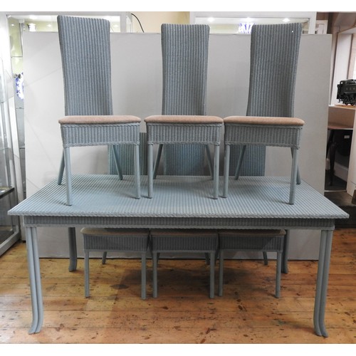 99 - A PALE BLUE LLOYD LOOM TABLE AND SIX MATCHING HIGH BACK CHAIRS, the chairs with maker's brass tags a... 