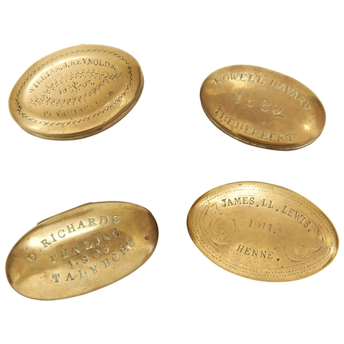 152 - AN OVAL WELSH MINERS BRASS TOBACCO BOX STAMPED HOWELL HAVARD 1889 TREHERBERT and three othersPROVENA... 