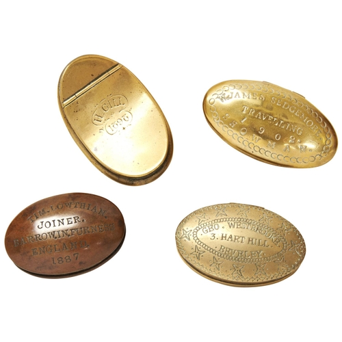 153 - AN OVAL BRASS TOBACCO BOX THE LID STAMPED W. JAMES SEDGEMORE TRAVELLING SHOWMAN 1902 another curved ... 