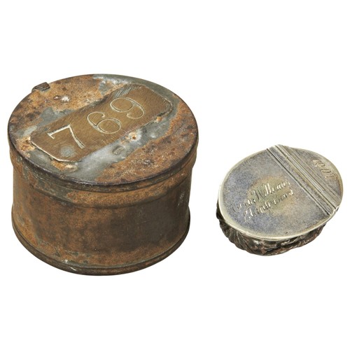 156 - A SNUFF BOX IN THE FORM OF AN ELECTROTYPED HALF WALNUT WITH SILVER PLATED BRASS LID engraved Evan Wi... 