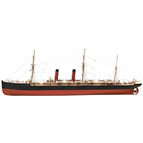 205 - A MODEL OF A 19TH CENTURY PACKET STEAM SHIP with two funnels and detailed deck cabins displayed in a... 