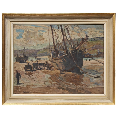 223 - JOHN ANTHONY PARK R.O.I, UNLOADING THE KETCH, ST. IVES Oil on Board, pencil inscriptions verso.34 x ... 