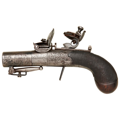 104 - A FLINTLOCK POCKET OR MUFF PISTOL MARKED 'ANDREWS LONDON' with turn-off barrel and fold-down turn-of... 