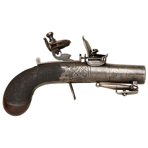 104 - A FLINTLOCK POCKET OR MUFF PISTOL MARKED 'ANDREWS LONDON' with turn-off barrel and fold-down turn-of... 