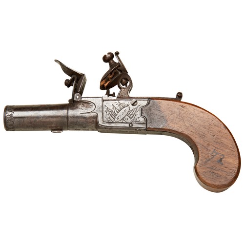 86 - A FLINTLOCK POCKET PISTOL BY WOOD OF YORK with turn-off barrel, drop down trigger, the lock engraved... 