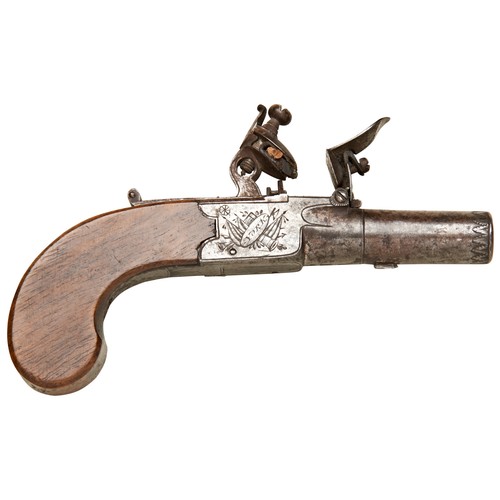 86 - A FLINTLOCK POCKET PISTOL BY WOOD OF YORK with turn-off barrel, drop down trigger, the lock engraved... 