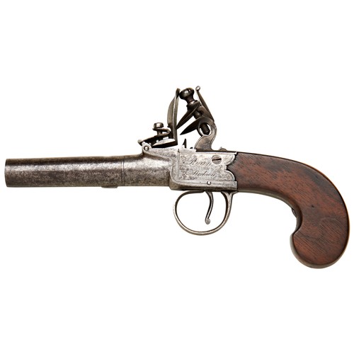 93 - A LATE 18TH CENTURY FLINTLOCK POCKET PISTOL BY RYAN & WATSON OF LONDON with turn-off barrel, the... 