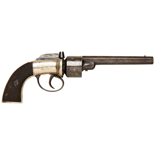 95 - A SIX SHOT TRANSITIONAL REVOLVER BY SMITH OF LONDON with engraved nickel plated frame and engraved s... 