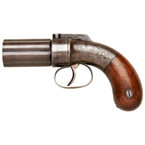 97 - A MANHATTAN FIREARMS DOUBLE ACTION SIX SHOT PEPPERBOX PERCUSSION REVOLVER with engraved frame and wa... 