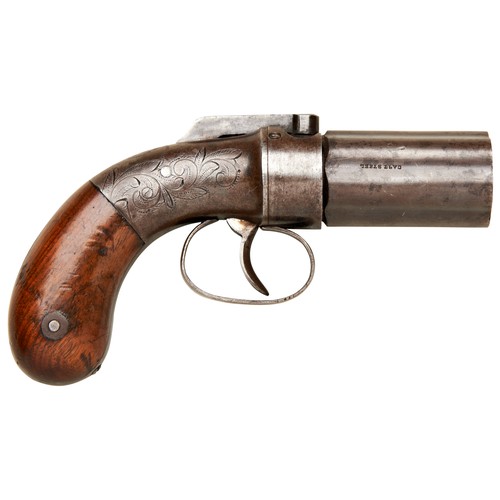 97 - A MANHATTAN FIREARMS DOUBLE ACTION SIX SHOT PEPPERBOX PERCUSSION REVOLVER with engraved frame and wa... 