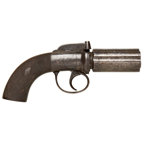 98 - A SIX SHOT DOUBLE ACTION PEPPERBOX PERCUSSION REVOLVER the steel frame with nipple shield and engrav... 