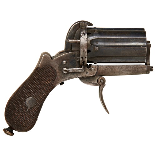 99 - A SIX SHOT PINFIRE PEPPERBOX PISTOL with swing-out loading gate, folding trigger, chequered two piec... 