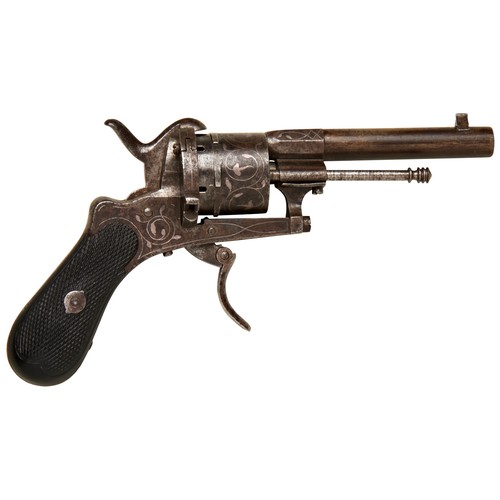 102 - A 19TH CENTURY SIX SHOT RIMFIRE REVOLVER the frame with silver damascened decoration, side mounted e... 