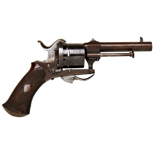 109 - A 19TH CENTURY SIX SHOT PINFIRE REVOLVER the blued frame with side mounted extractor rod, swing-out ... 