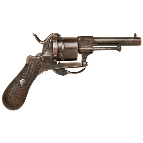 110 - A 19TH CENTURY SIX SHOT PINFIRE REVOLVER the plain frame with side mounted extractor rod, swing-out ... 