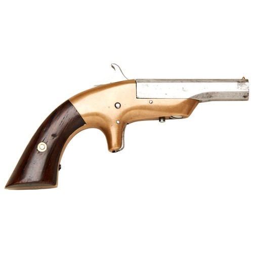 118 - A MERWIN & BRAY .30 CAL SINGLE SHOT RIMFIRE PISTOL with brass frame and two piece wooden grip, t... 