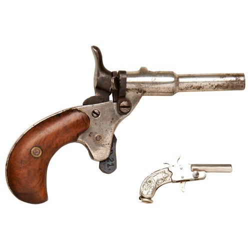 128 - AN AUSTRIAN 'BERLOQUE' 2MM PINFIRE PISTOL nickel plated frame with white metal grips depicting a sta... 