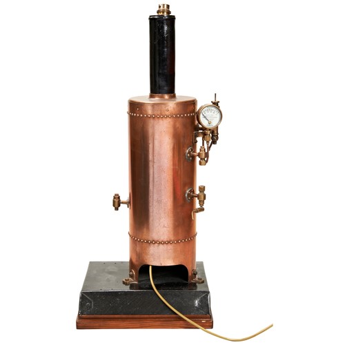 160 - A FREE STANDING VERTICAL COPPER STEAM BOILER on a folded sheet metal base, with black lacquered chim... 