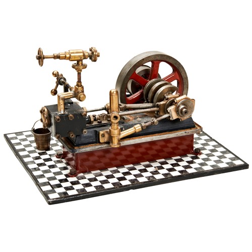 177 - AN ENGINEERED MODEL OF A HORIZONTAL STEAM FACTORY ENGINE with belt drive pulley mounted on a steel p... 