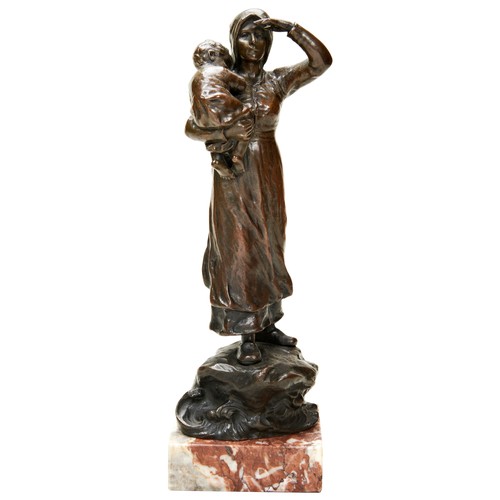 303 - ANDOR RUFF: BRONZE OF A WOMAN WITH A YOUNG CHILD her hand aloft gazing into the distance with associ... 