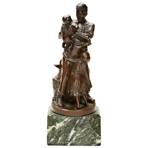 309 - BRONZE FIGURE GROUP OF A BLACKSMITH WITH DAUGHTER AND YOUNG CHILD mounted on a shaped green marble b... 