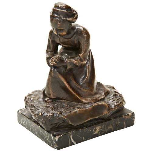 310 - JEANNE CHATEIGNON: BRONZE FIGURE OF A WOMAN KNEELING AT PRAYER on a green marble base, signed with f... 