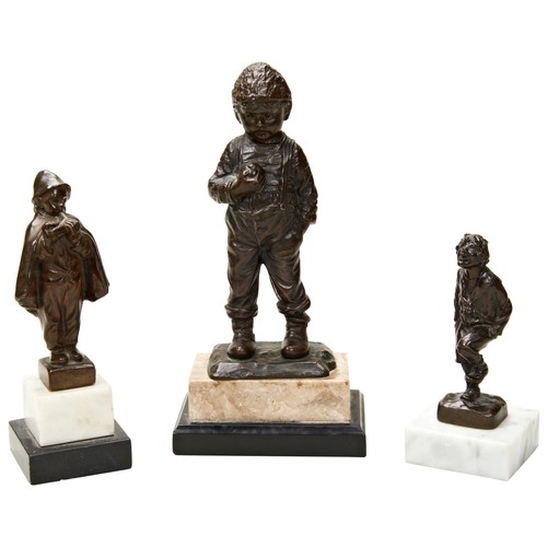 317 - PETER TERESZCZUK: A SMALL BRONZE FIGURE OF A PIPE PLAYER signed,  a small bronze figure of a boy sig... 