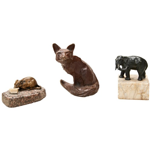 319 - A CONTINENTAL BRONZE MOUSE NIBBLING A PIECE OF MARBLE CHEESE mounted on a stone base, a small bronze... 