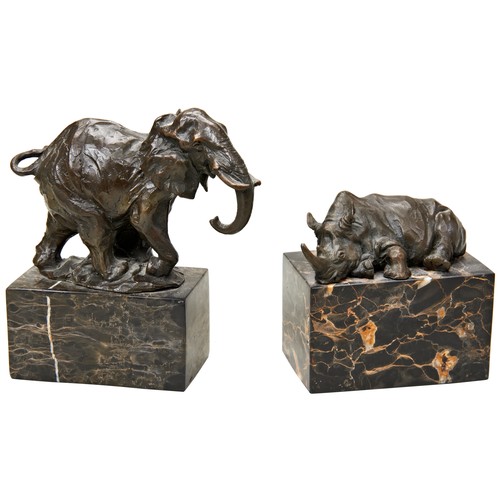 311 - MIGUEL FERNANDO LOPEZ (MILO): RESTING RHINO bronze figure on variegated block marble base and anothe... 