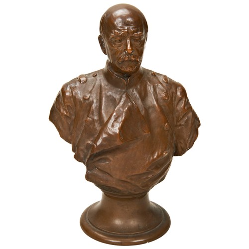 299 - RHEINHOLD BEGAS BRONZE PORTRAIT BUST OF OTTO FURST VON BISMARCK on a circular socle base, signed beh... 