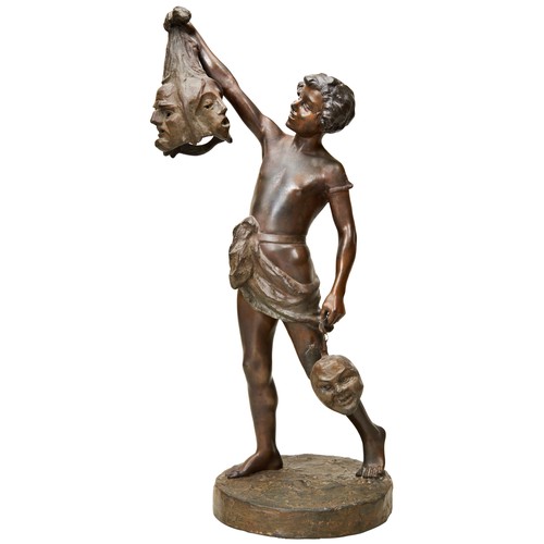 300 - AFTER JEAN LOUIS GREGOIRE: PATINATED SPELTER LAMP IN THE FORM OF A BOY WITH HEADS OF DEFEATED FOES, ... 