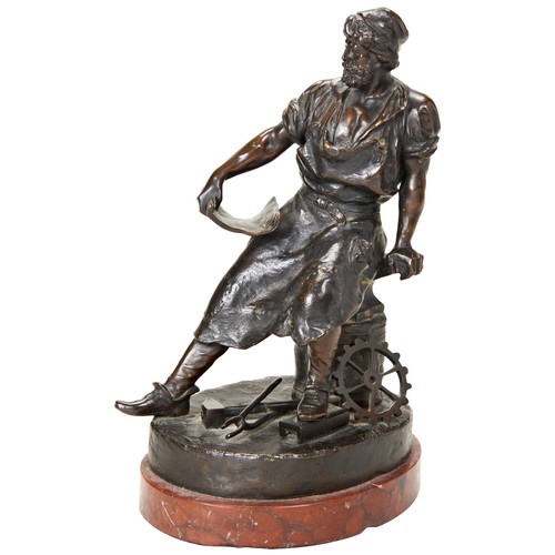 306 - RENÉ GWESO: SITZENDER SCHMEID (RECLINING SMITH) a bronze figure, signed and upon an oval marble base... 