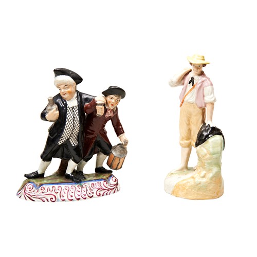 325 - A 19TH CENTURY STAFFORDSHIRE FIGURE of a drunken gentleman being led by a man with a lantern and a S... 