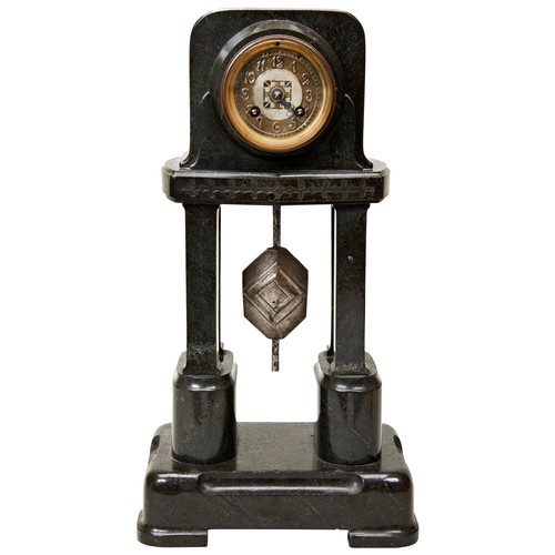 385 - A CONTINENTAL ART DECO SERPENTINE FOUR PILASTER MANTEL CLOCK C1920, the brass dial with stylised Ara... 