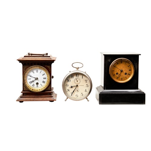 390 - A VICTORIAN BLACK MARBLE MANTLE CLOCK with engraved brass dial, a ‘made-up’ wooden mantel clock with... 