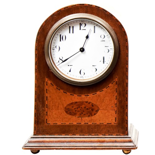 391 - AN EDWARDIAN ARCHED TOP MAHOGANY MANTEL CLOCK with inlaid front panel.21 cmsPROVENANCE: The David St... 