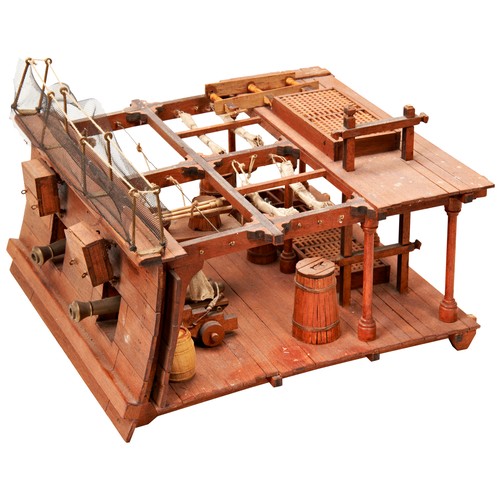 213 - A CROSS-SECTIONAL MODEL OF AN 18TH CENTURY NAVAL GUN DECK kit built with two brass cannons.15 x 15 x... 