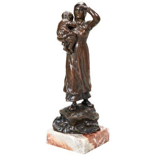 303 - ANDOR RUFF: BRONZE OF A WOMAN WITH A YOUNG CHILD her hand aloft gazing into the distance with associ... 