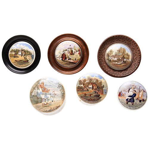 329 - A GROUP OF SIX VICTORIAN PRATTWARE POT LIDS including ‘Landing The Fare Pegwell Bay’, ‘Walmer Castle... 