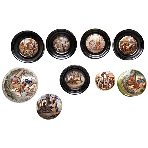 327 - A GROUP OF NINE VICTORIAN ANIMAL AND HUNTING RELATED PRATTWARE POT LIDS to include bear baiting, the... 