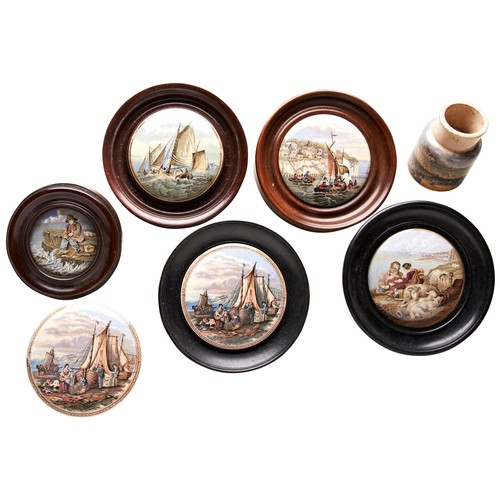 331 - A GROUP OF SIX VICTORIAN PRATTWARE POT LIDS and one Prattware jar to mostly include fishing scenes a... 