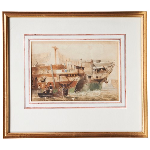 222 - ENGLISH SCHOOL, HULKS AT ANCHOR , 19th century watercolour and a ‘Gun Battery Firing with Frigate in... 