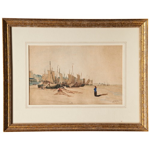 227 - WILLIAM LIONEL WYLIE, BEACHED FISHING BOATS, watercolour, signed; S.W. Cooke, Wreck on Some Rocks, w... 