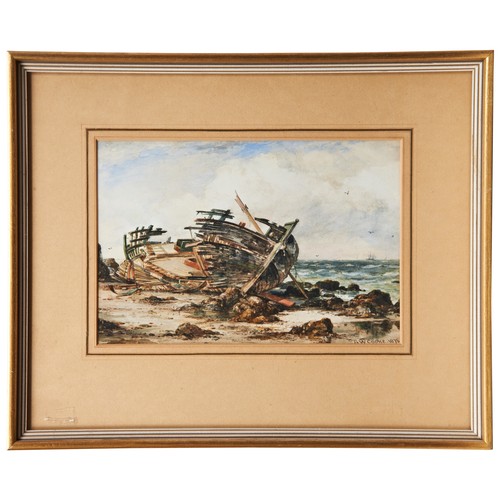 227 - WILLIAM LIONEL WYLIE, BEACHED FISHING BOATS, watercolour, signed; S.W. Cooke, Wreck on Some Rocks, w... 