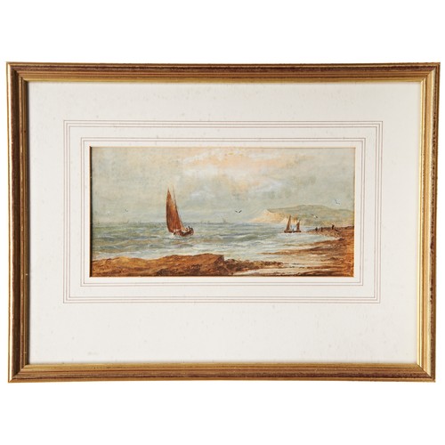 232 - ENGLISH SCHOOL, COASTAL SCENE, watercolour, initialled K.B.B., a coastal scene with headland, waterc... 