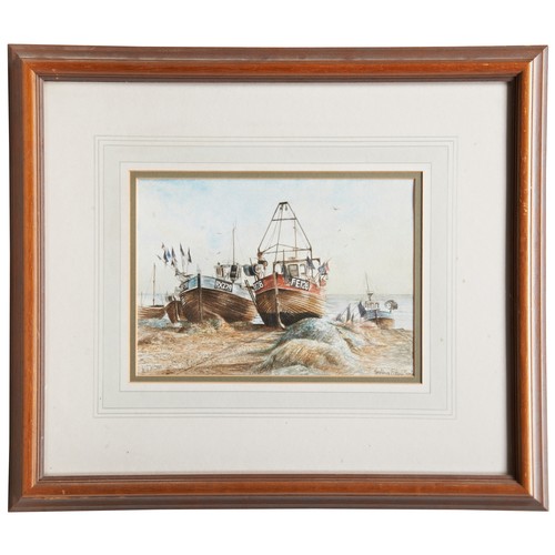 232 - ENGLISH SCHOOL, COASTAL SCENE, watercolour, initialled K.B.B., a coastal scene with headland, waterc... 