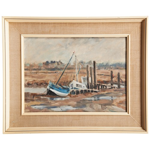 236 - CHARLOTTE HOYT DESMOND, 'BOATS - NORFOLK COAST', oil on canvas, Herbert Tomlinson. ‘Low Tide with Mo... 