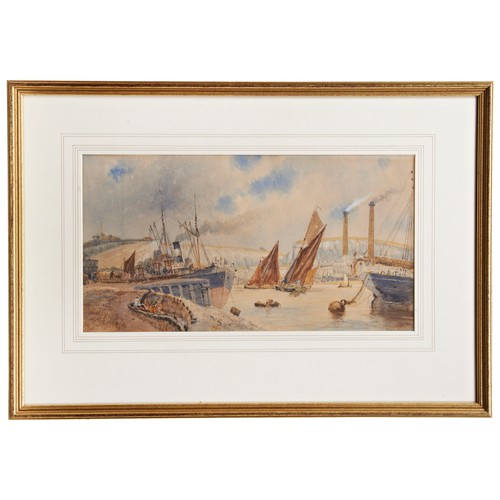 237 - ENGLISH SCHOOL, VESSELS IN A WORKING HARBOUR, with dock-side processing plants in the back ground, w... 