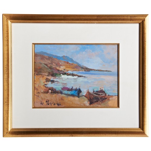 239 - ANTONIO SBRANA, 'COASTAL SCENE WITH FISHING BOATS', oil on board, signed. 30 x 38 cmsPROVENANCE: The... 