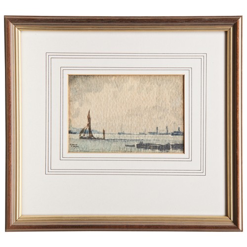 246 - DAVID WILSON, 'RIVER SCENES WITH SHIPPING', a small pair of watercolours and one small English Schoo... 